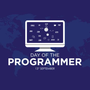 Monitör simgesi ve kodlama ile programlayıcı şablonu günü. Vektör illüstrasyonu