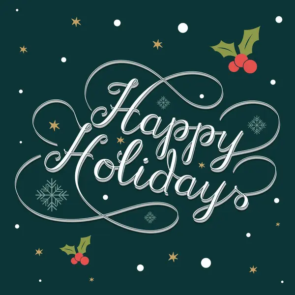 Yeşil arkaplanlı beyaz metin el yazısı kaligrafisi ile mutlu tatiller. Vektör illüstrasyonu