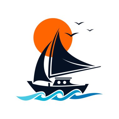 Tekne işi için soyut dalga markalı gemi yelkenlisi logosu. Vektör illüstrasyonu