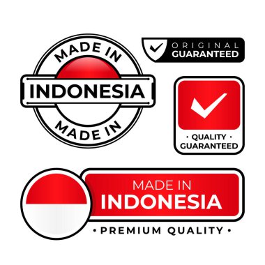 Beyaz arka planda izole edilmiş Endonezya etiket simgesi ambleminde yapılmış rozet paketi. Vektör illüstrasyonu