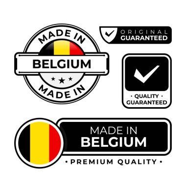 Beyaz arkaplanda izole edilmiş Belçika etiket simgesinde yapılmış rozet paketi. Vektör illüstrasyonu