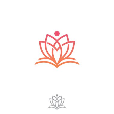 Lineer Lotus logosunun düz stili ile açılan basit bir kitap. Vektör illüstrasyonu