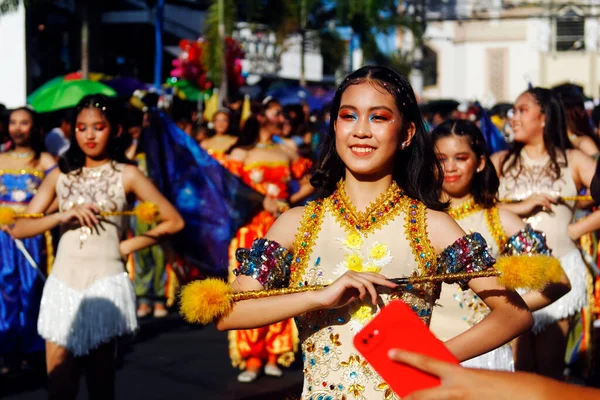 stock image Antipolo City, Philippines - May 1, 2023: Street dance parade participants in colorful costumes during the annual SUMAKA Festival in Antipolo City.