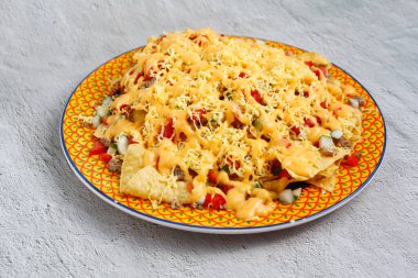 Peynirli ve doğranmış domatesli taze nachos fotoğrafı..