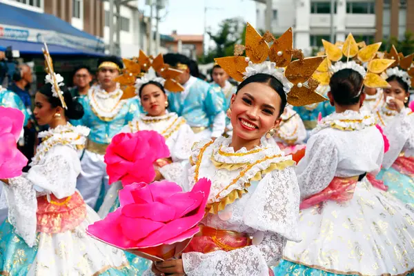 stock image Antipolo City, Philippines - May 1, 2024: Street dance parade participants in colorful costumes during the annual SUMAKAH Festival in Antipolo City.