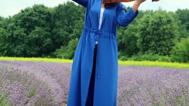 Жінка Середнього Віку Блакитній Сукні Грає Скрипці Лавандовому Полі Літній — стокове відео