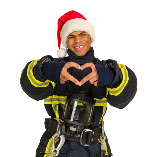 Jonge Lachende Afro Amerikaanse Brandweerman Uniform Rood Santa Hat Met — Stockfoto