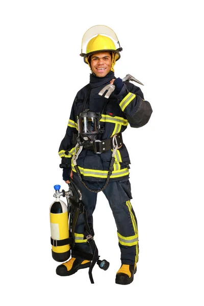 Full Body Jonge Glimlachende Afro Amerikaanse Man Uniform Van Brandweerman — Stockfoto