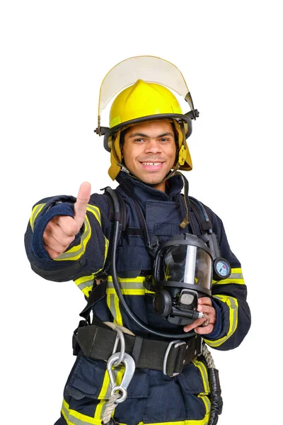 Jonge Lachende Afro Amerikaanse Brandweerman Een Vuurvast Uniform Staat Maken — Stockfoto