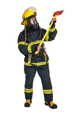 Full body of unrecognizable firefighter in protective helmet and uniform with axe and safety equipment isolated on white background