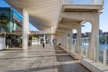 Palmiye ağaçları, fıskiyeler, heykeller ve restoranlarla dolu modern bir liman gezisi. Malaga, İspanya.