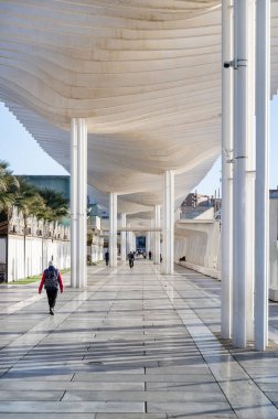 Palmiye ağaçları, fıskiyeler, heykeller ve restoranlarla dolu modern bir liman gezisi. Malaga, İspanya.