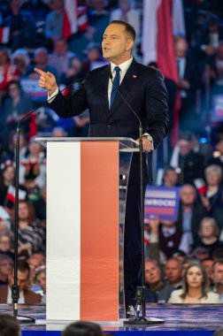 Karol Nawrocki. 2025 seçimlerinde Polonya Cumhuriyeti cumhurbaşkanlığı için aday gösterildi. Lodz, 27 Nisan 2024, Polonya