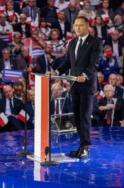 Karol Nawrocki. 2025 seçimlerinde Polonya Cumhuriyeti cumhurbaşkanlığı için aday gösterildi. Lodz, 27 Nisan 2024, Polonya