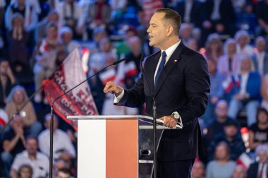 Karol Nawrocki. 2025 seçimlerinde Polonya Cumhuriyeti cumhurbaşkanlığı için aday gösterildi. Lodz, 27 Nisan 2024, Polonya