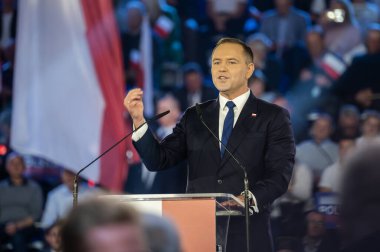 Karol Nawrocki. 2025 seçimlerinde Polonya Cumhuriyeti cumhurbaşkanlığı için aday gösterildi. Lodz, 27 Nisan 2024, Polonya