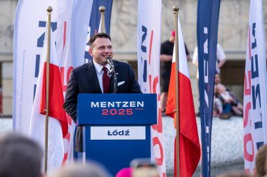 Slawomir Mentzen. Polonya Cumhuriyeti 'nin Sejm üyesi. Konfederasyon başkan adayı. Lodz, Mayıs 02, 2024, Polonya
