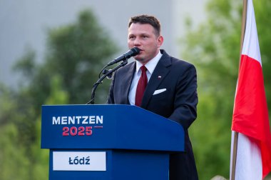 Slawomir Mentzen. Polonya Cumhuriyeti 'nin Sejm üyesi. Konfederasyon başkan adayı. Lodz, Mayıs 02, 2024, Polonya