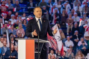 Karol Nawrocki. 2025 seçimlerinde Polonya Cumhuriyeti cumhurbaşkanlığı için aday gösterildi. Lodz, 27 Nisan 2024, Polonya