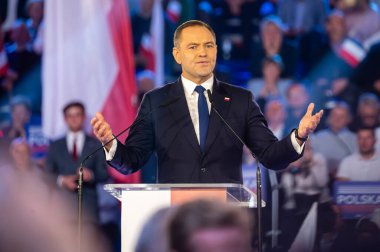 Karol Nawrocki. 2025 seçimlerinde Polonya Cumhuriyeti cumhurbaşkanlığı için aday gösterildi. Lodz, 27 Nisan 2024, Polonya