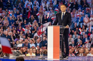 Karol Nawrocki. 2025 seçimlerinde Polonya Cumhuriyeti cumhurbaşkanlığı için aday gösterildi. Lodz, 27 Nisan 2024, Polonya