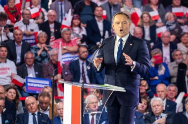 Karol Nawrocki. 2025 seçimlerinde Polonya Cumhuriyeti cumhurbaşkanlığı için aday gösterildi. Lodz, 27 Nisan 2024, Polonya