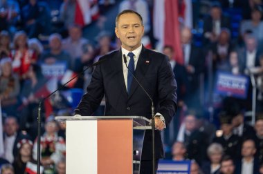 Karol Nawrocki. 2025 seçimlerinde Polonya Cumhuriyeti cumhurbaşkanlığı için aday gösterildi. Lodz, 27 Nisan 2024, Polonya