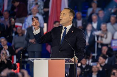 Karol Nawrocki. 2025 seçimlerinde Polonya Cumhuriyeti cumhurbaşkanlığı için aday gösterildi. Lodz, 27 Nisan 2024, Polonya