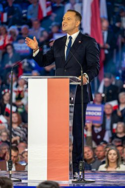 Karol Nawrocki. 2025 seçimlerinde Polonya Cumhuriyeti cumhurbaşkanlığı için aday gösterildi. Lodz, 27 Nisan 2024, Polonya