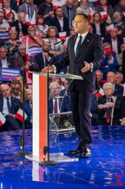 Karol Nawrocki. 2025 seçimlerinde Polonya Cumhuriyeti cumhurbaşkanlığı için aday gösterildi. Lodz, 27 Nisan 2024, Polonya