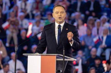 Karol Nawrocki. 2025 seçimlerinde Polonya Cumhuriyeti cumhurbaşkanlığı için aday gösterildi. Lodz, 27 Nisan 2024, Polonya