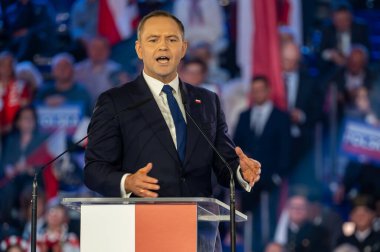 Karol Nawrocki. 2025 seçimlerinde Polonya Cumhuriyeti cumhurbaşkanlığı için aday gösterildi. Lodz, 27 Nisan 2024, Polonya