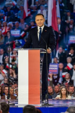 Karol Nawrocki. 2025 seçimlerinde Polonya Cumhuriyeti cumhurbaşkanlığı için aday gösterildi. Lodz, 27 Nisan 2024, Polonya