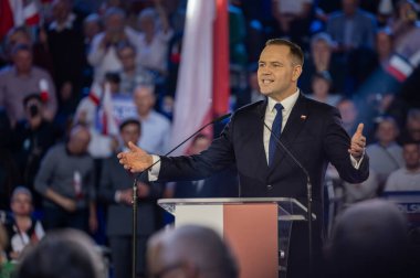 Karol Nawrocki. 2025 seçimlerinde Polonya Cumhuriyeti cumhurbaşkanlığı için aday gösterildi. Lodz, 27 Nisan 2024, Polonya