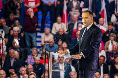 Karol Nawrocki. 2025 seçimlerinde Polonya Cumhuriyeti cumhurbaşkanlığı için aday gösterildi. Lodz, 27 Nisan 2024, Polonya