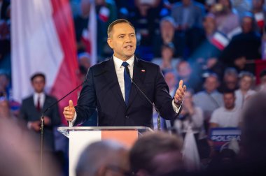 Karol Nawrocki. 2025 seçimlerinde Polonya Cumhuriyeti cumhurbaşkanlığı için aday gösterildi. Lodz, 27 Nisan 2024, Polonya