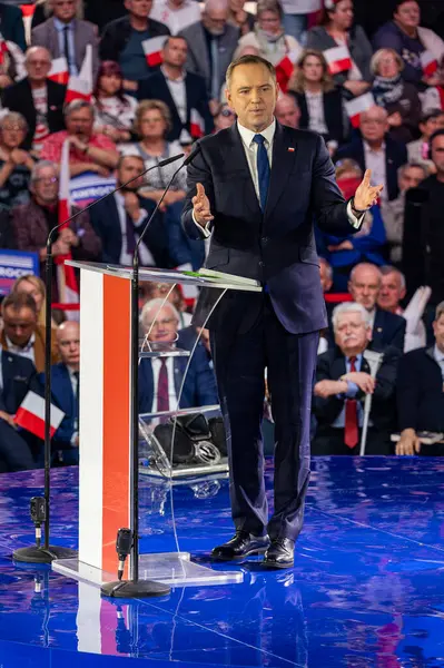 Karol Nawrocki. 2025 seçimlerinde Polonya Cumhuriyeti cumhurbaşkanlığı için aday gösterildi. Lodz, 27 Nisan 2024, Polonya