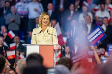 Marta Nawrocka, PiS başkan adayının karısı. Lodz, 27 Nisan 2024, Polonya