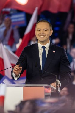 Karol Nawrocki. 2025 seçimlerinde Polonya Cumhuriyeti cumhurbaşkanlığı için aday gösterildi. Lodz, 27 Nisan 2024, Polonya