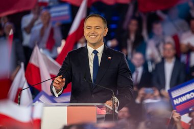 Karol Nawrocki. 2025 seçimlerinde Polonya Cumhuriyeti cumhurbaşkanlığı için aday gösterildi. Lodz, 27 Nisan 2024, Polonya