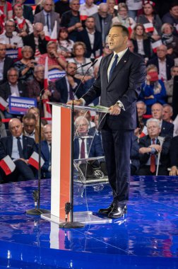 Karol Nawrocki. 2025 seçimlerinde Polonya Cumhuriyeti cumhurbaşkanlığı için aday gösterildi. Lodz, 27 Nisan 2024, Polonya