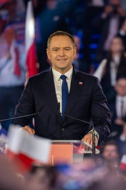 Karol Nawrocki. 2025 seçimlerinde Polonya Cumhuriyeti cumhurbaşkanlığı için aday gösterildi. Lodz, 27 Nisan 2024, Polonya