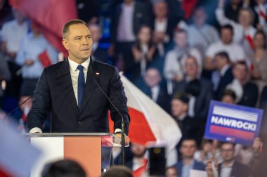 Karol Nawrocki. 2025 seçimlerinde Polonya Cumhuriyeti cumhurbaşkanlığı için aday gösterildi. Lodz, 27 Nisan 2024, Polonya