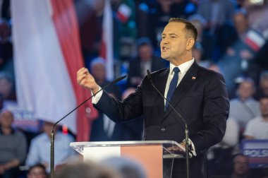 Karol Nawrocki. 2025 seçimlerinde Polonya Cumhuriyeti cumhurbaşkanlığı için aday gösterildi. Lodz, 27 Nisan 2024, Polonya