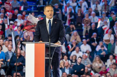 Karol Nawrocki. 2025 seçimlerinde Polonya Cumhuriyeti cumhurbaşkanlığı için aday gösterildi. Lodz, 27 Nisan 2024, Polonya