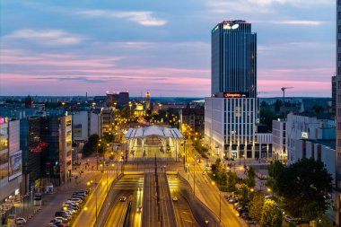 Lodz şehrinin şehir merkezi manzarası. Lodz, Polonya.