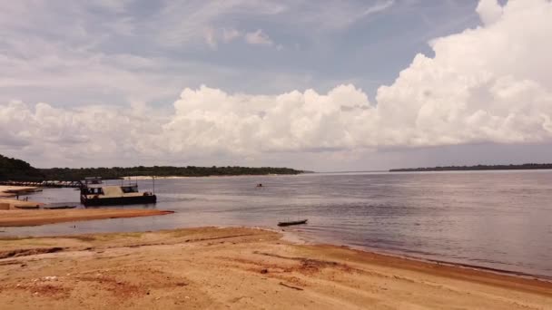 Aerial View Rio Negro Passenger Boat Loading Dock Novo Airao — Stock Video