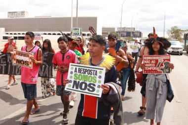 Brasilia, Brazil, August 30 2023 Indigenous Indians from Different parts of Brazil, Marching down the Esplanada dos Ministerios for The Future for our Children March in Brasilia clipart