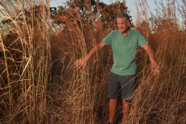 Saha biyoloğu uzun otların arasında yürüyor.