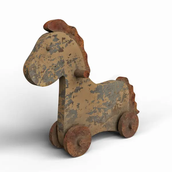 Metal Dirty Toy Horse Met Wielen Illustratie Witte Achtergrond Bestand — Stockfoto